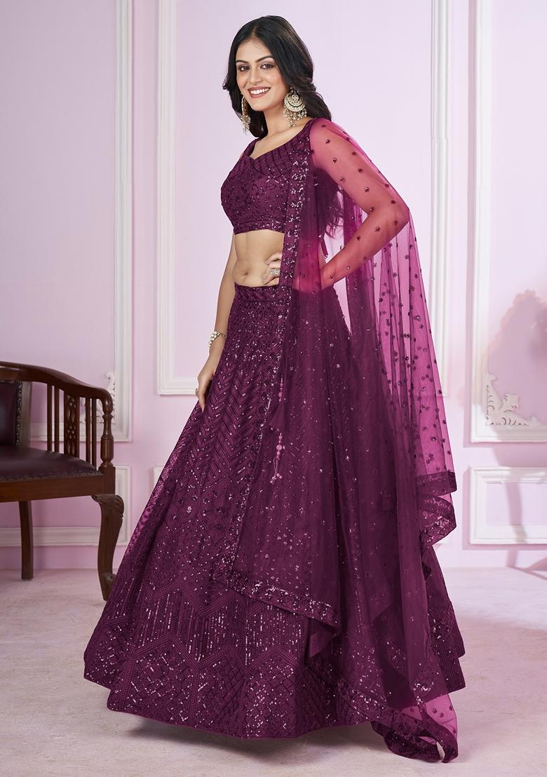 Purple Embroidered Soft Net Lehenga Set