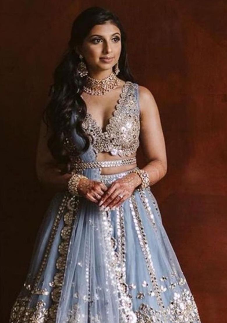 Grey Mirror Zari Embroidered Net Lehenga Set