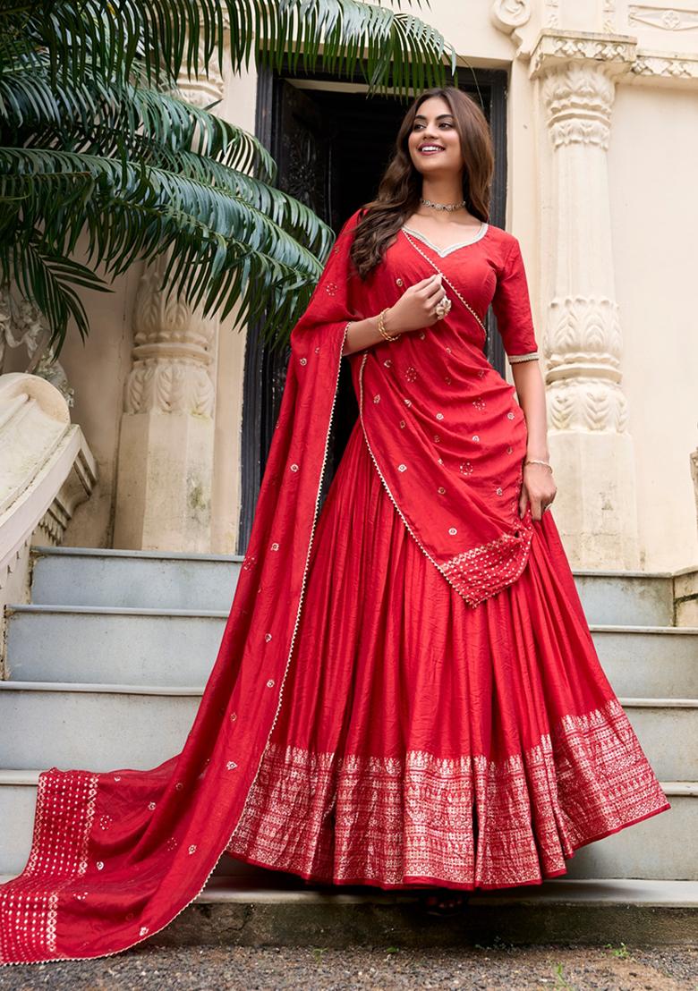 Red Zari Woven Pure Chanderi Lehenga Set