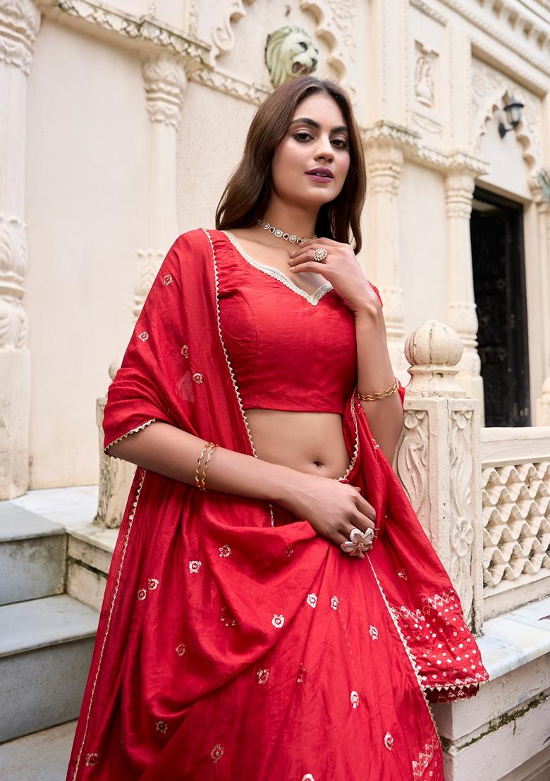 Red Zari Woven Pure Chanderi Lehenga Set