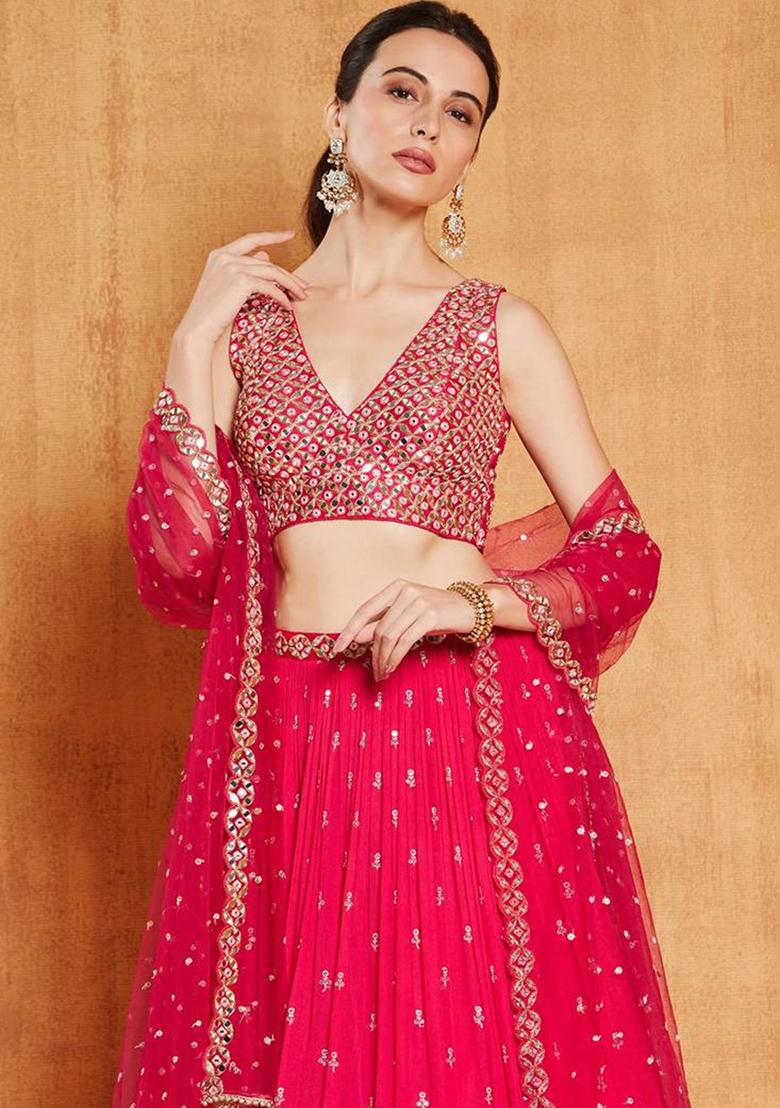 Rani Pink Sequin Zari Embroidered Georgette Lehenga Set