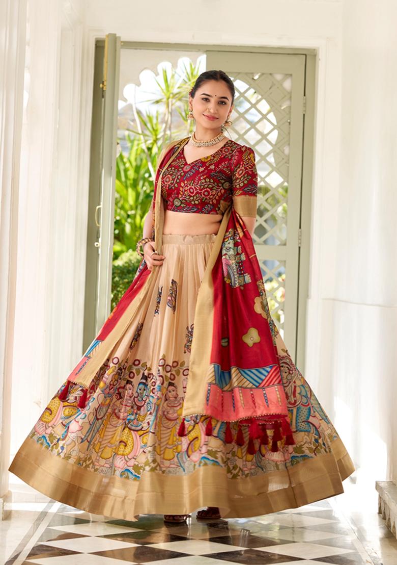 Cream Kalamkari Print Dola Silk Lehenga Set