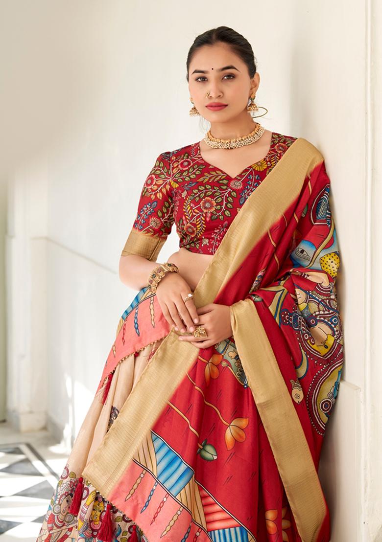Cream Kalamkari Print Dola Silk Lehenga Set