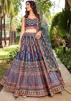 Blue Sequin Thread Embroidered Chinon Lehenga Set