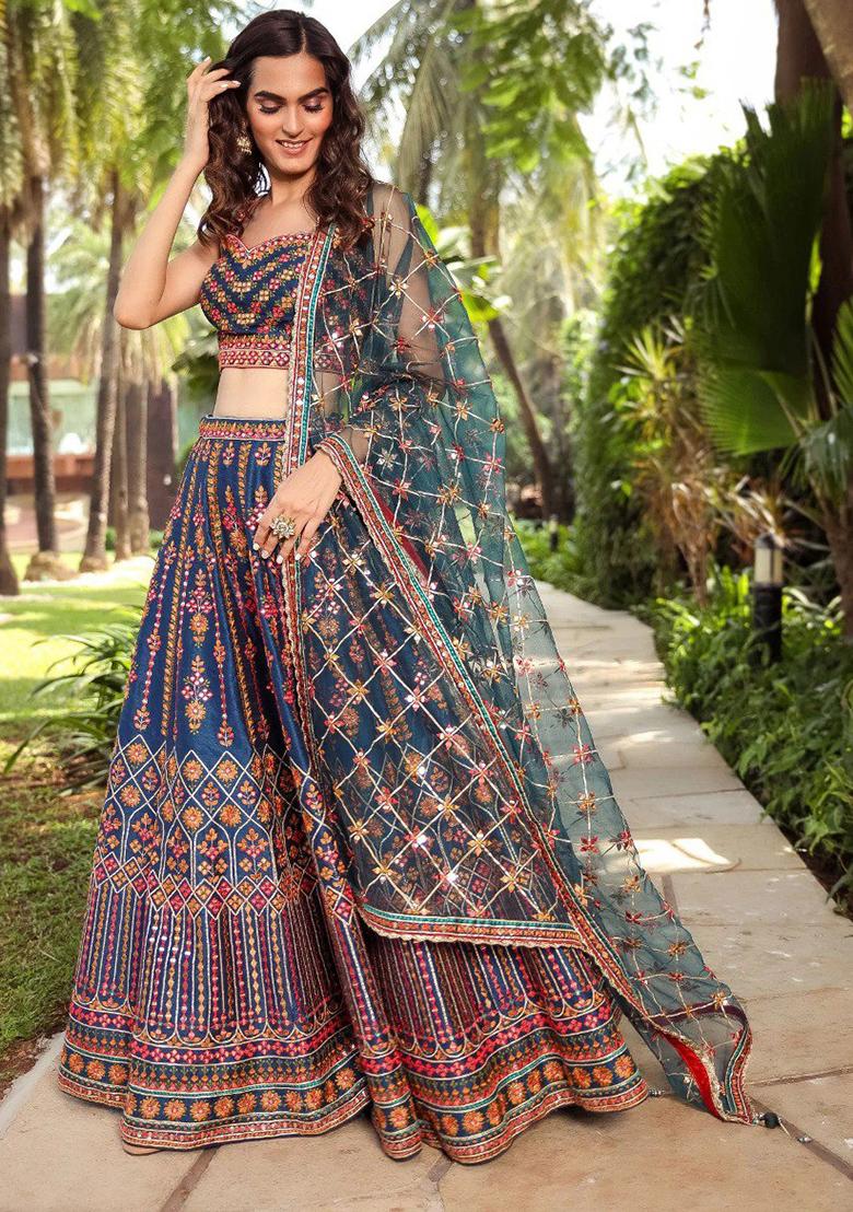 Blue Sequin Thread Embroidered Chinon Lehenga Set
