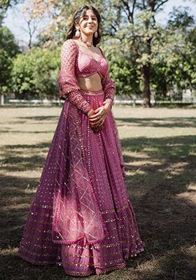 Metallic Pink Sequin Zari Embroidered Georgette Lehenga Set