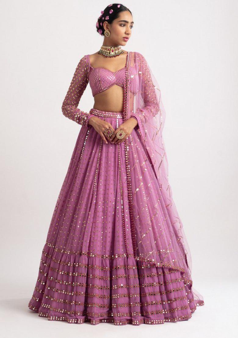 Metallic Pink Sequin Zari Embroidered Georgette Lehenga Set