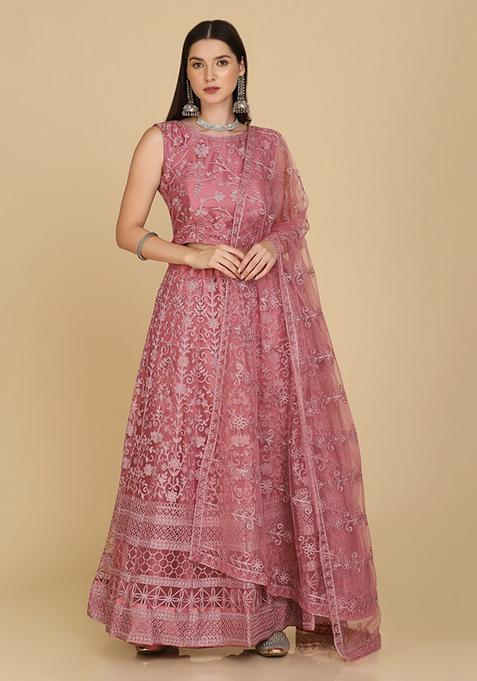 Pink Embroidered Net Lehenga Set