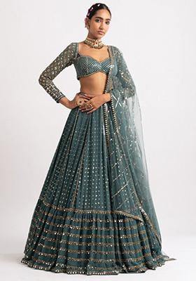 Dark Green Sequin Zari Embroidered Georgette Lehenga Set