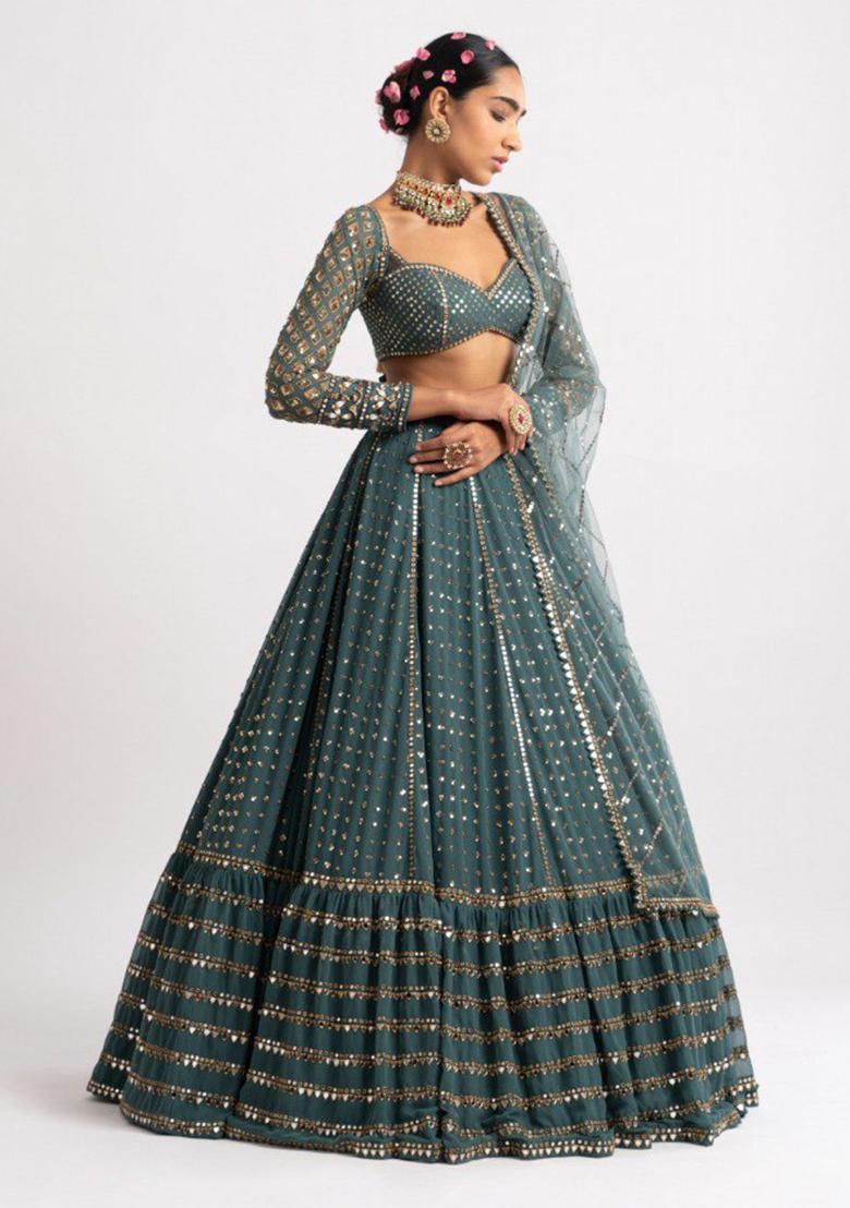 Dark Green Sequin Zari Embroidered Georgette Lehenga Set