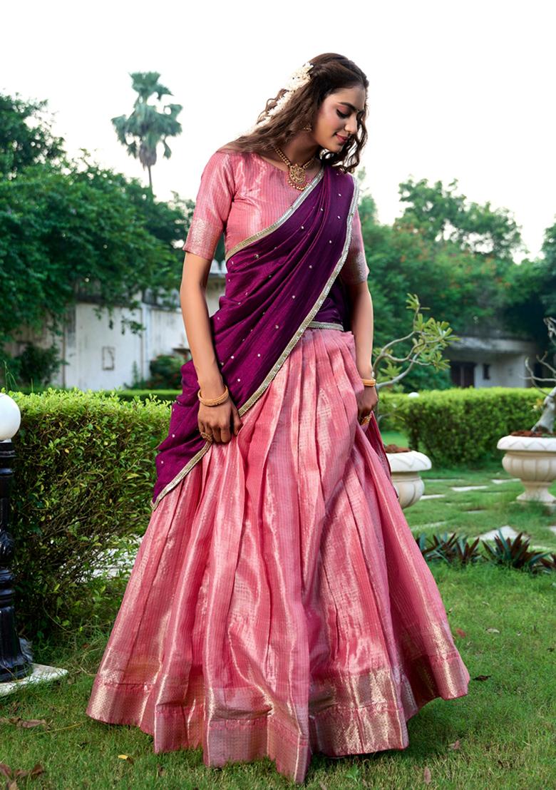 Pink Zari Woven Kanchipuram Lehenga Set