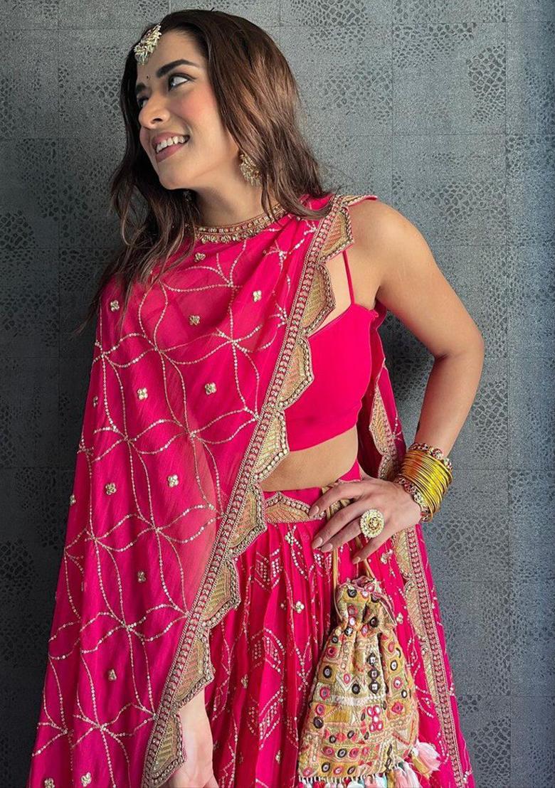 Pink Sequin Zari Embroidered Georgette Lehenga Set