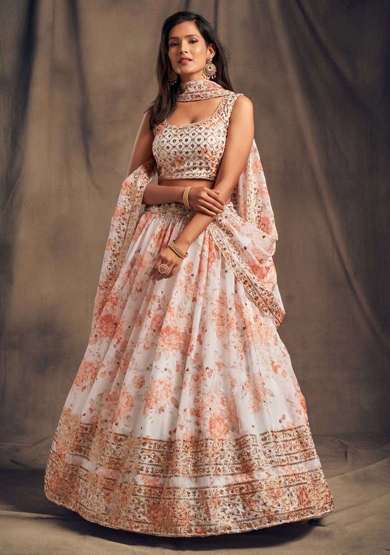 Off White Embroidered Organza Lehenga Set - Indya
