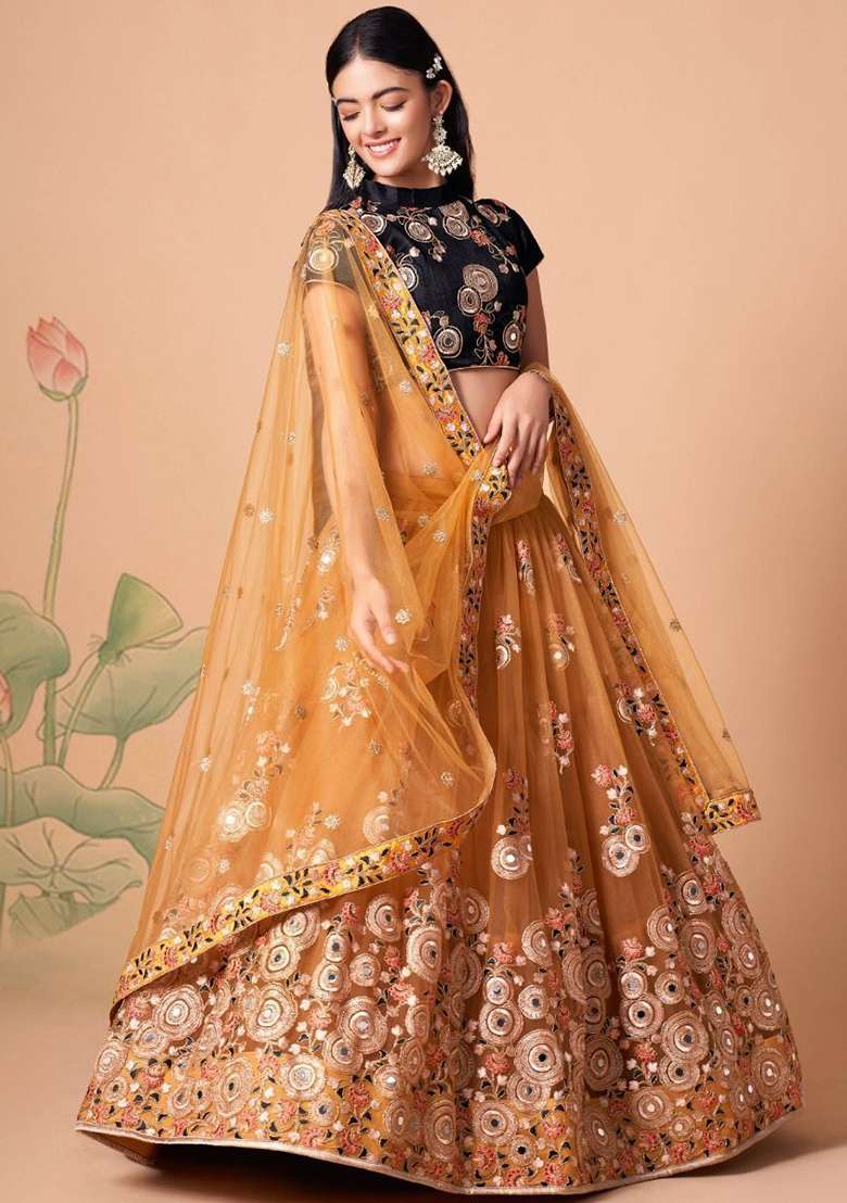 Yellow Embroidered Net Lehenga Set - Indya