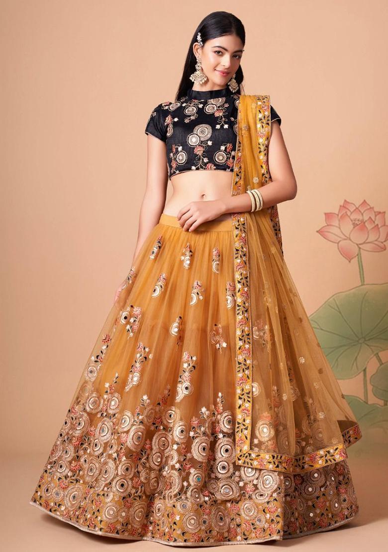 Yellow Embroidered Net Lehenga Set