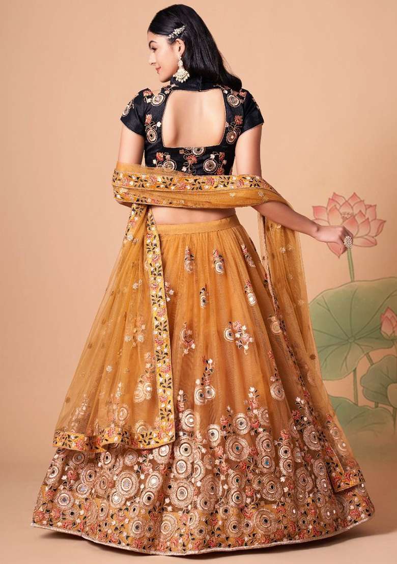 Yellow Embroidered Net Lehenga Set - Indya