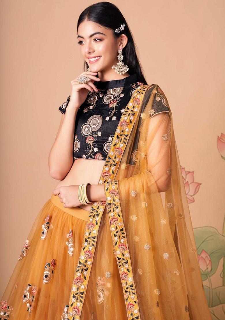 Yellow Embroidered Net Lehenga Set