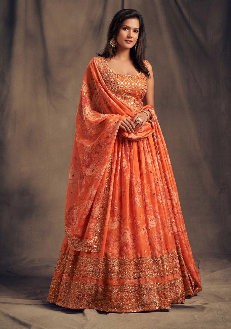 Orange Embroidered Organza Lehenga Set