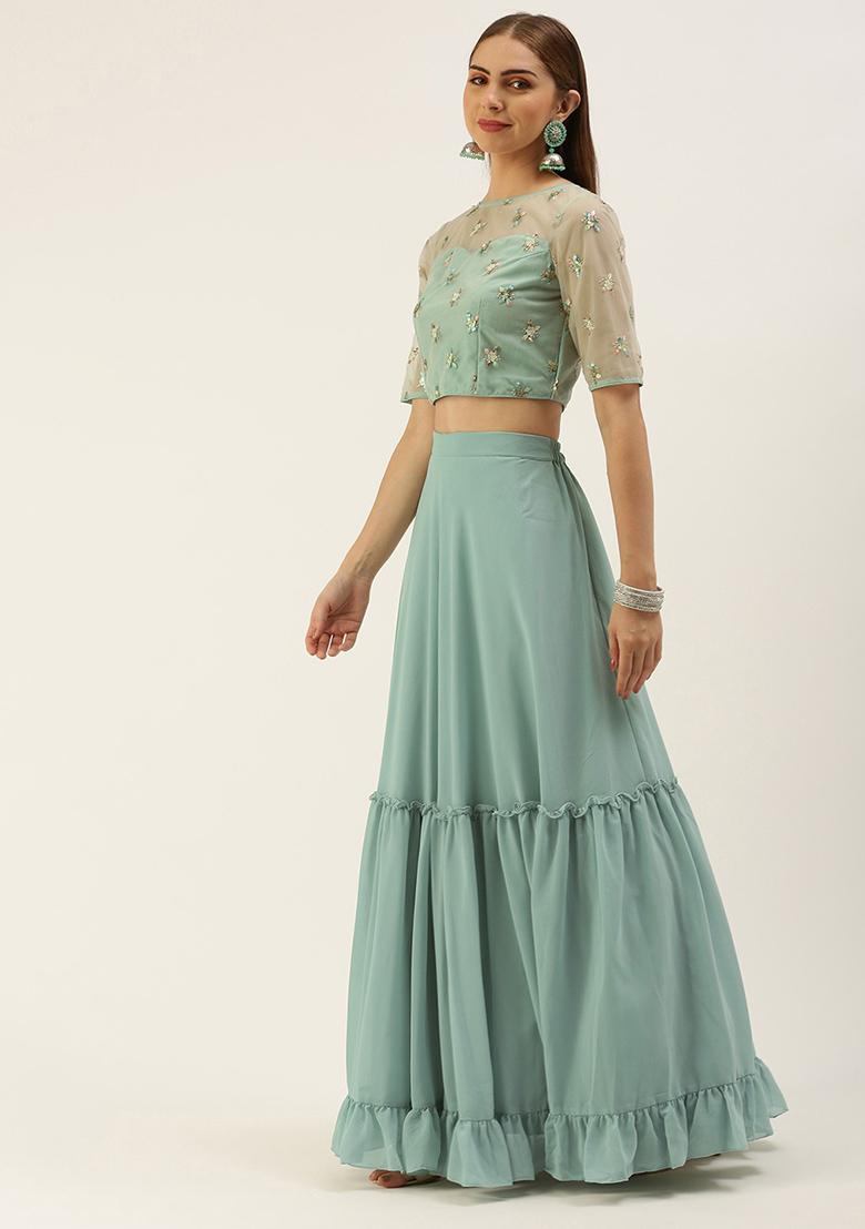 Green Embroidered Georgette Lehenga Set