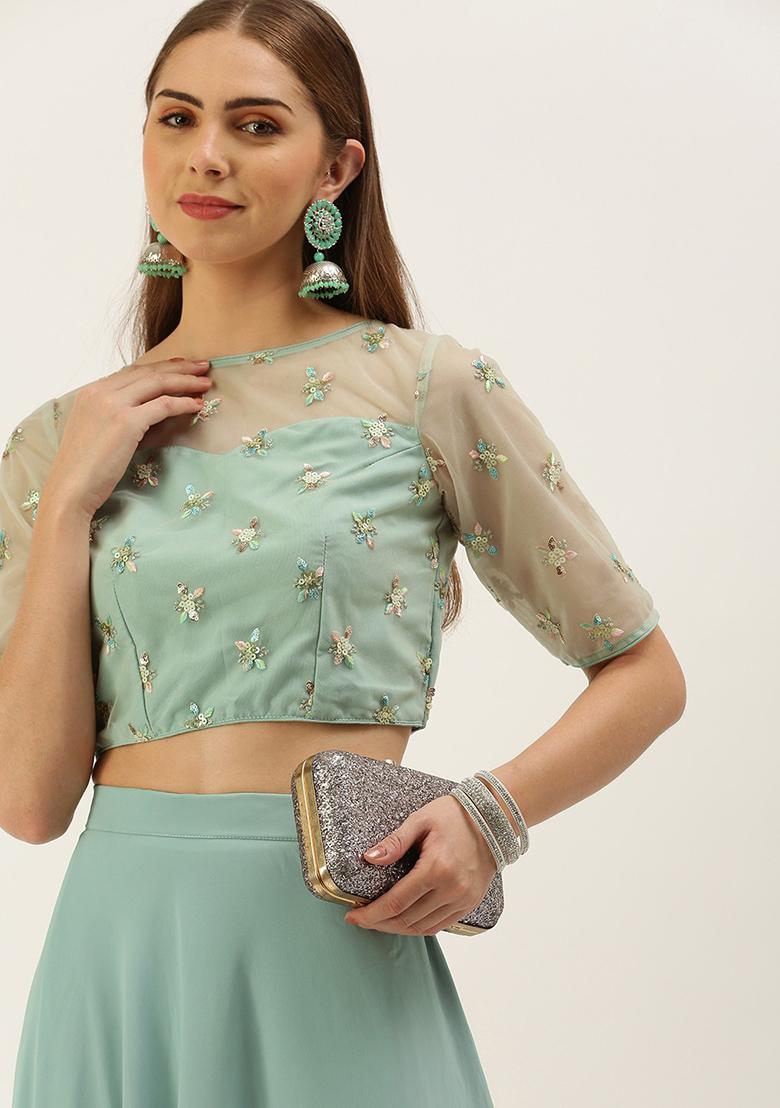 Green Embroidered Georgette Lehenga Set