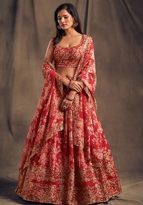 Red Embroidered Organza Lehenga Set
