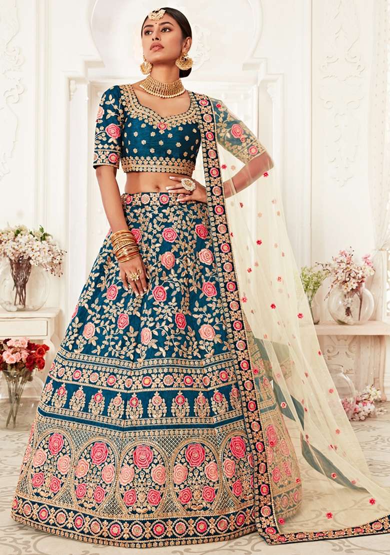 Teal Blue Embroidered Art Silk Lehenga Set - Indya