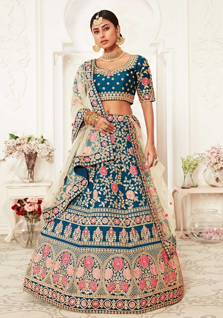 Teal Blue Embroidered Art Silk Lehenga Set