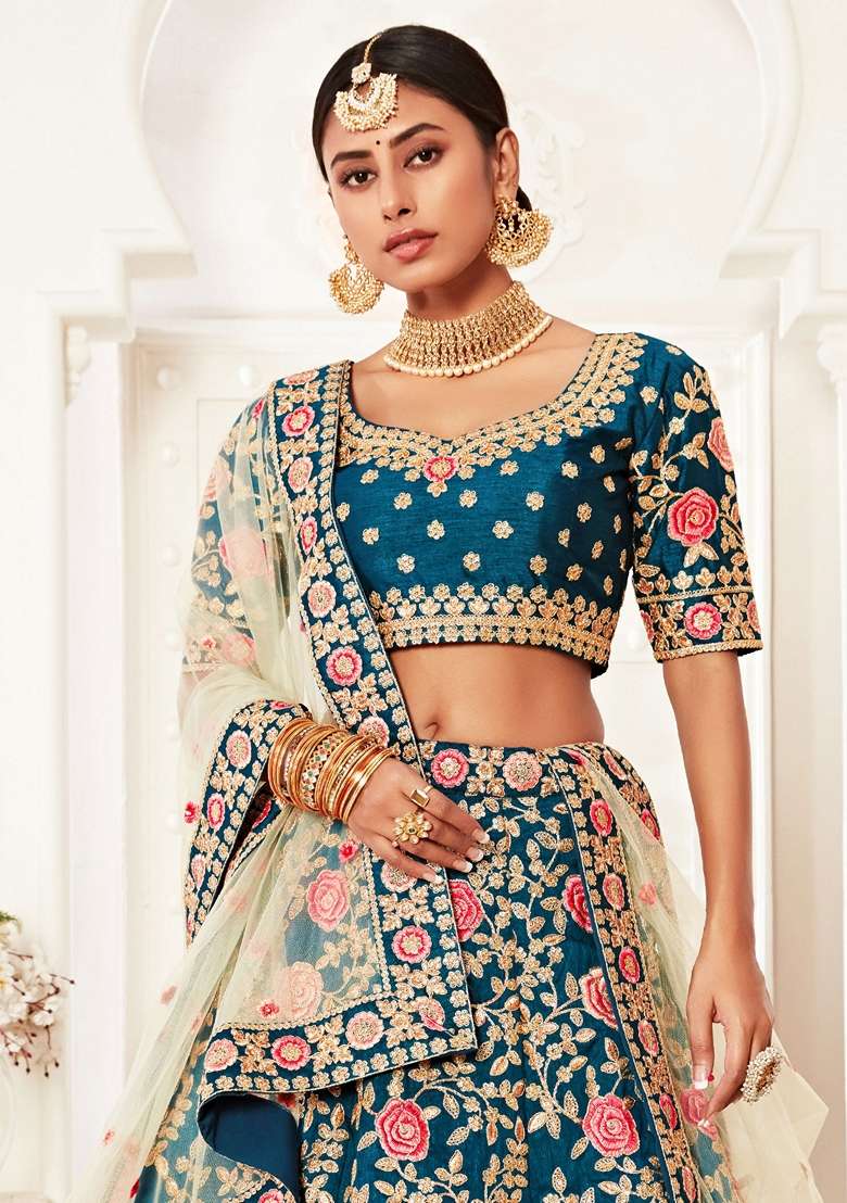 Teal Blue Embroidered Art Silk Lehenga Set - Indya