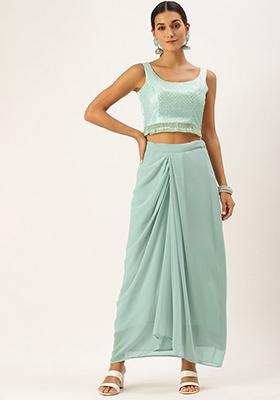 Blue Sequin Embroidered Poly Blend Lehenga Set