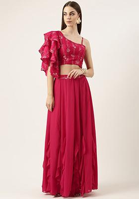 Pink Foil Print Poly Blend Lehenga Set