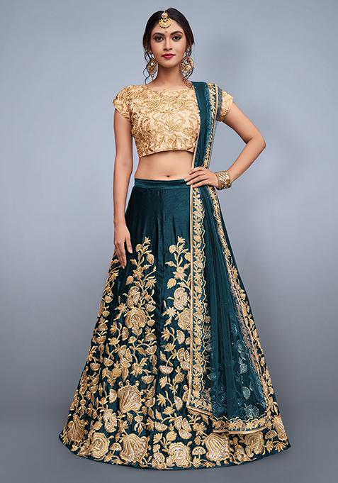 Green Embroidered Net Lehenga Set