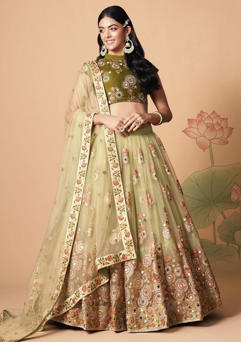 Pista Green Embroidered Soft Net Lehenga Set