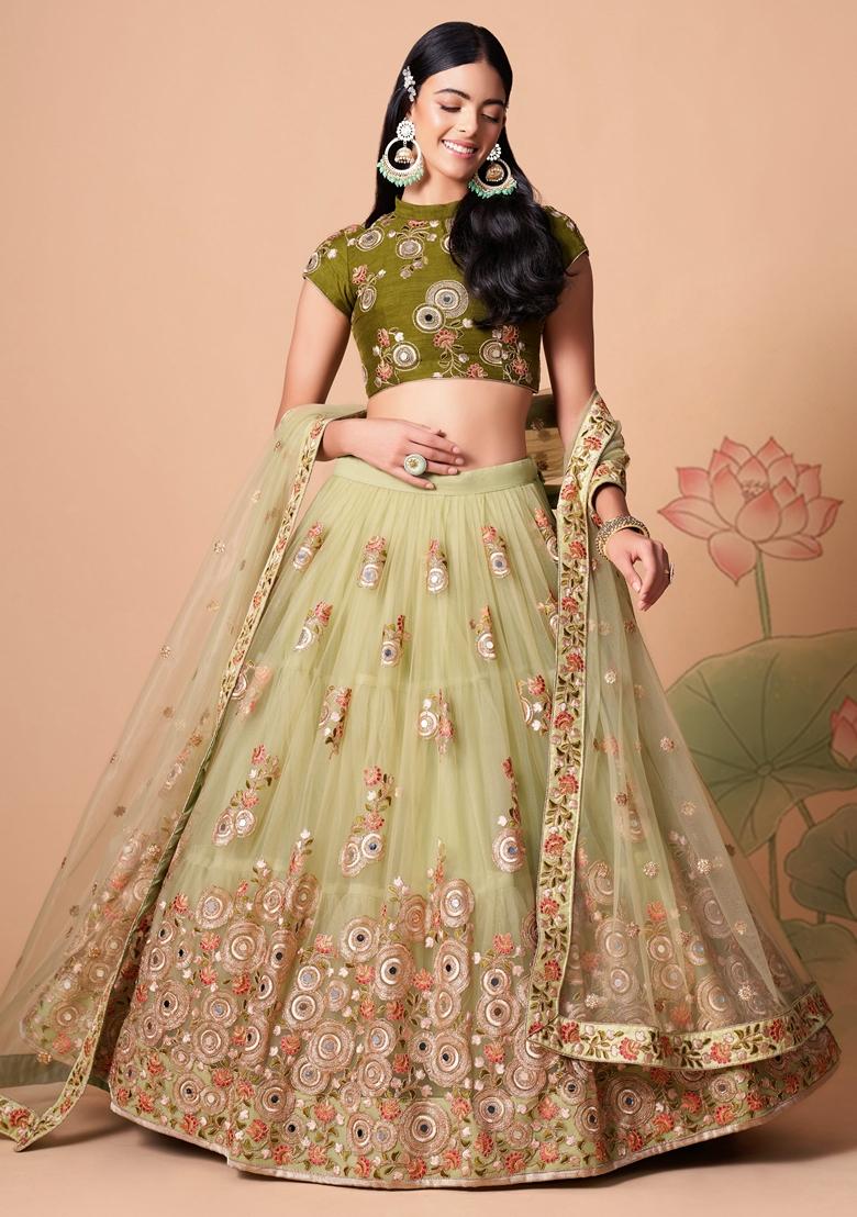 Pista Green Embroidered Soft Net Lehenga Set