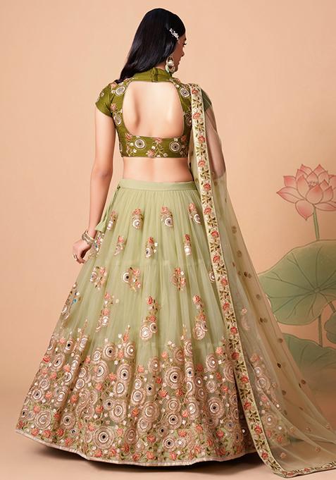 Pista Green Embroidered Soft Net Lehenga Set
