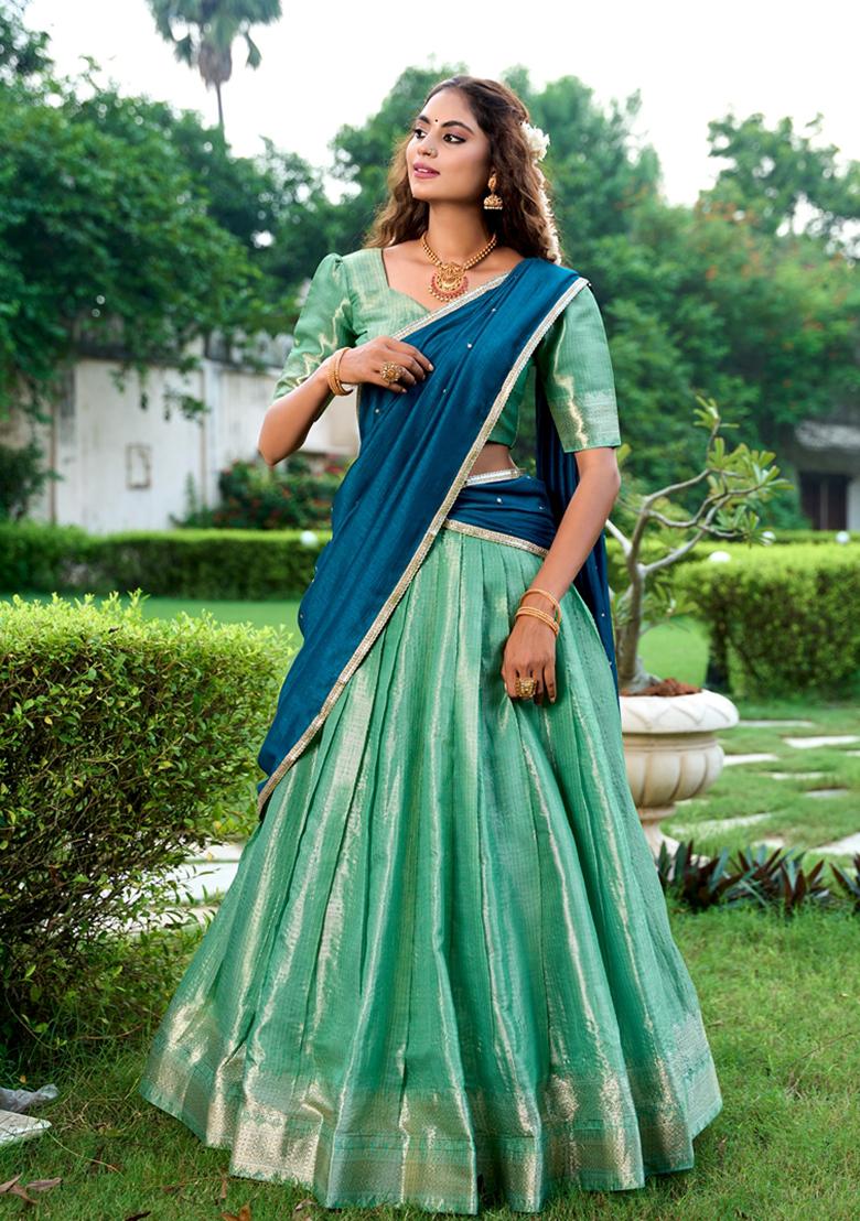 Pista Green Zari Woven Kanchipuram Lehenga Set
