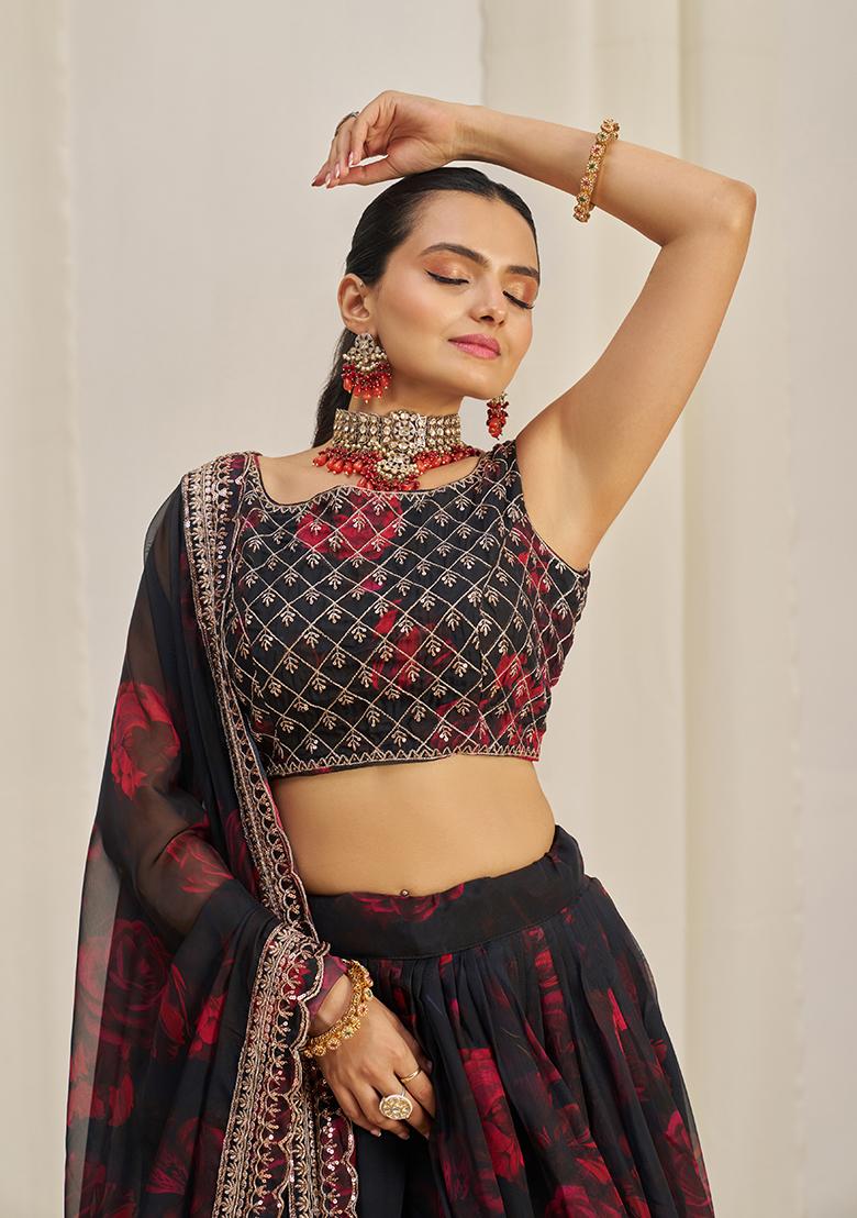 Black Printed Sequin Embroidered Organza Lehenga Set