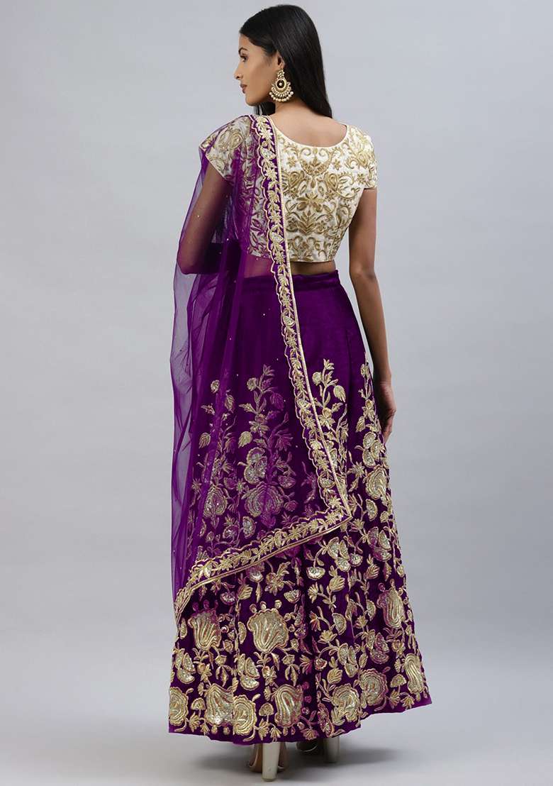 Purple Sequin Thread Embroidered Velvet Lehenga Set - Indya