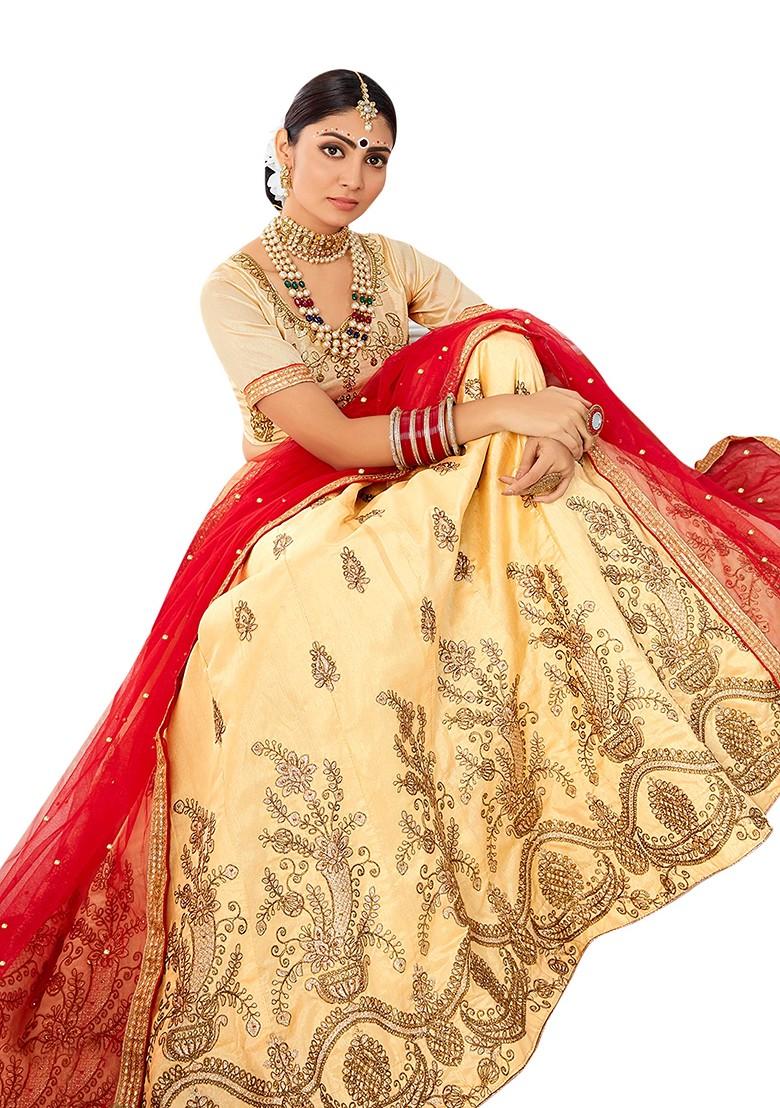 Beige Embroidered Silk Lehenga Set