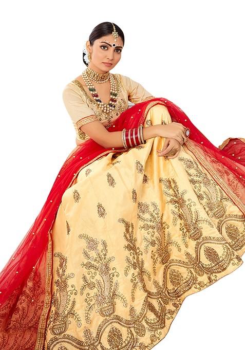 Beige Embroidered Silk Lehenga Set