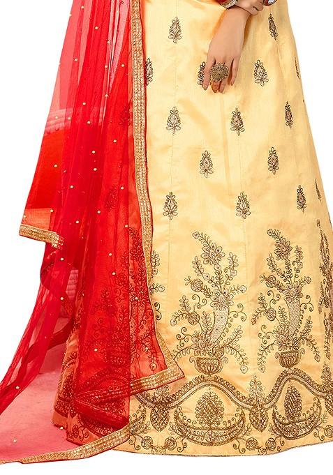 Beige Embroidered Silk Lehenga Set