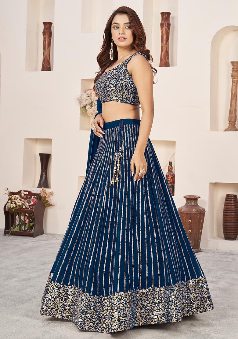 Blue Zari Sequin Embroidered Georgette Lehenga Set