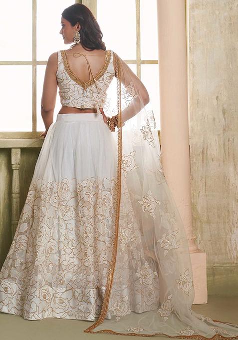 Off White Sequin Thread Embroidered Net Lehenga Set