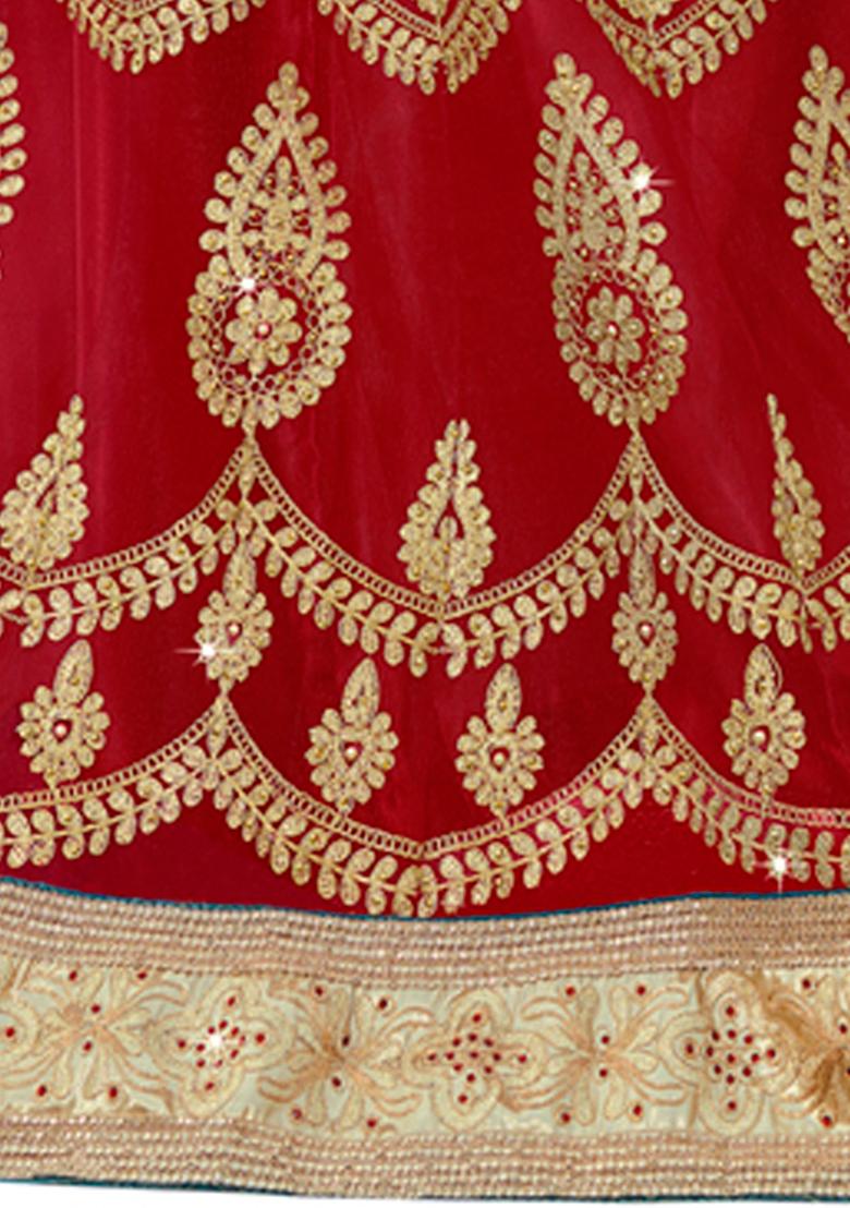 Red Embroidered Net Lehenga Set