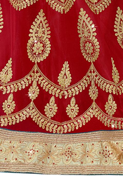 Red Embroidered Net Lehenga Set