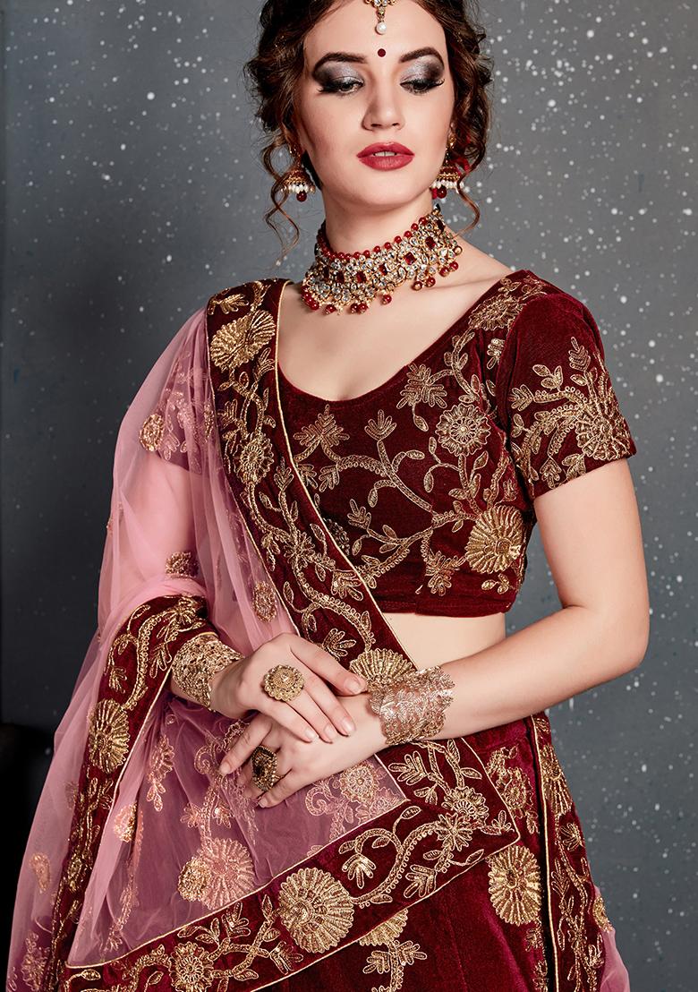 Maroon Embroidered Velvet Lehenga Set