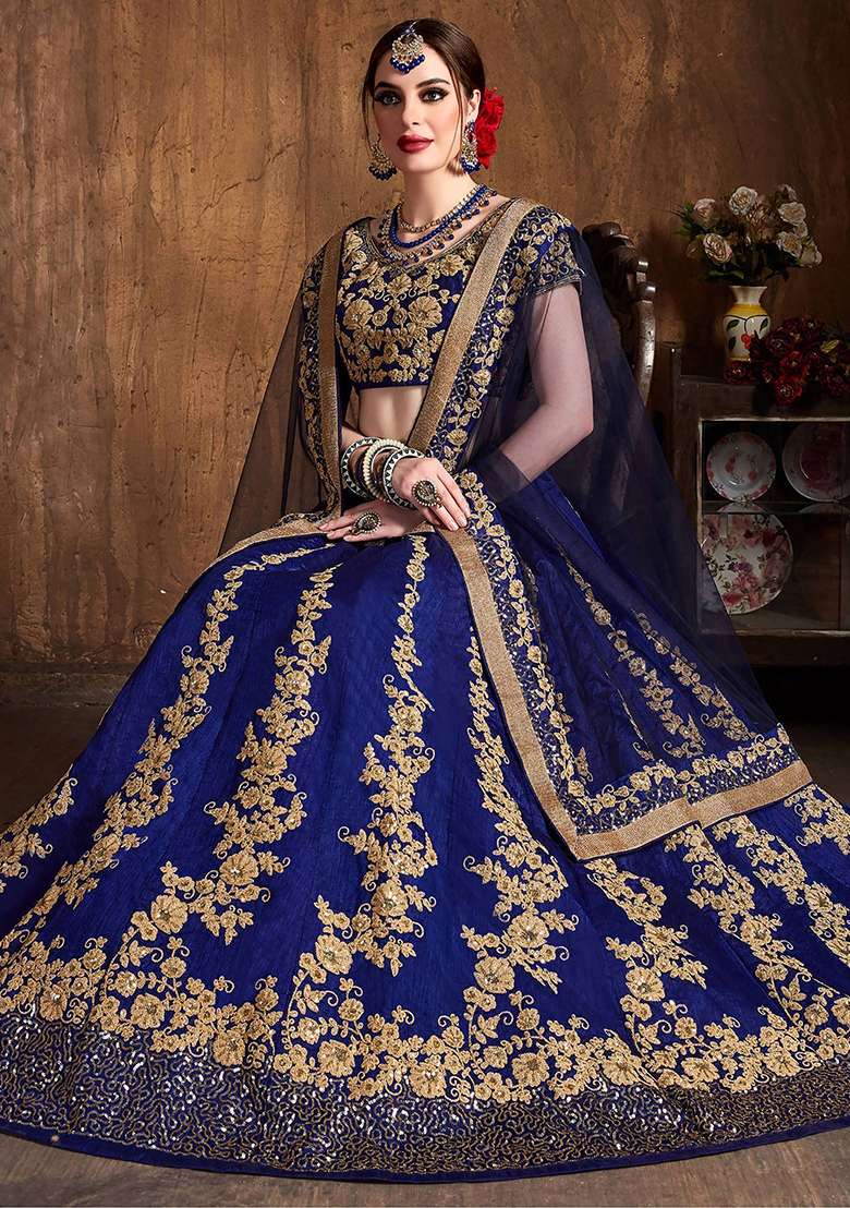 Navy Blue Embroidered Raw Silk Blend Lehenga Set - Indya