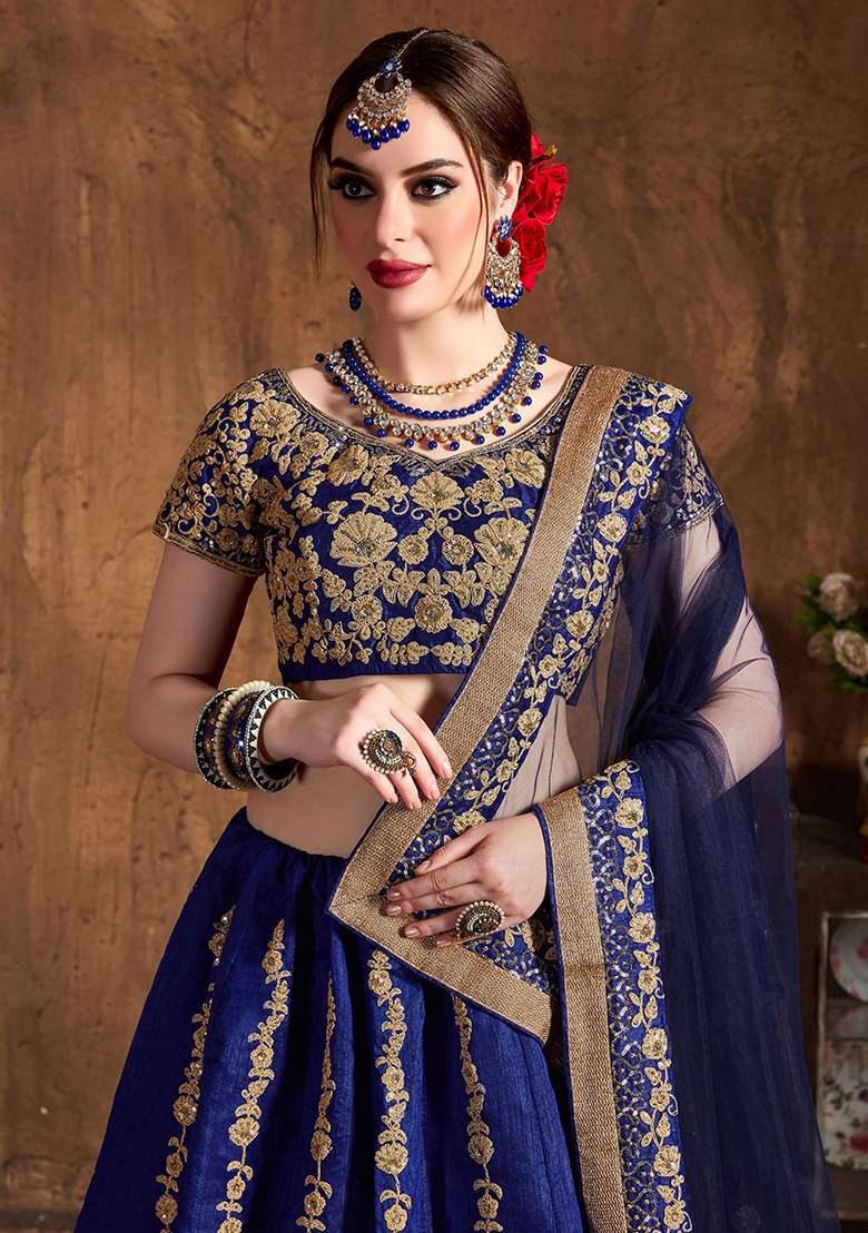 Navy Blue Embroidered Raw Silk Blend Lehenga Set - Indya