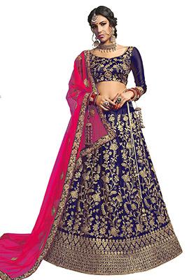 Blue Embroidered Satin Silk Lehenga Set