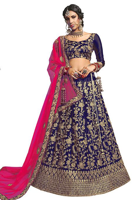 Blue Embroidered Satin Silk Lehenga Set