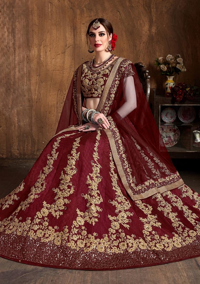 Maroon Embroidered Raw Silk Lehenga Set